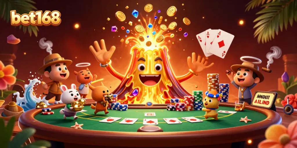 Experience the thrill of bet168 with golden treasures erupting from a volcano in a vibrant casino scene.