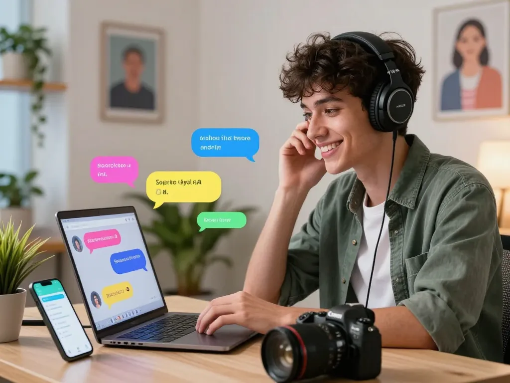 Engaging user interacting with spicy chat AI on a laptop in a cozy home office.