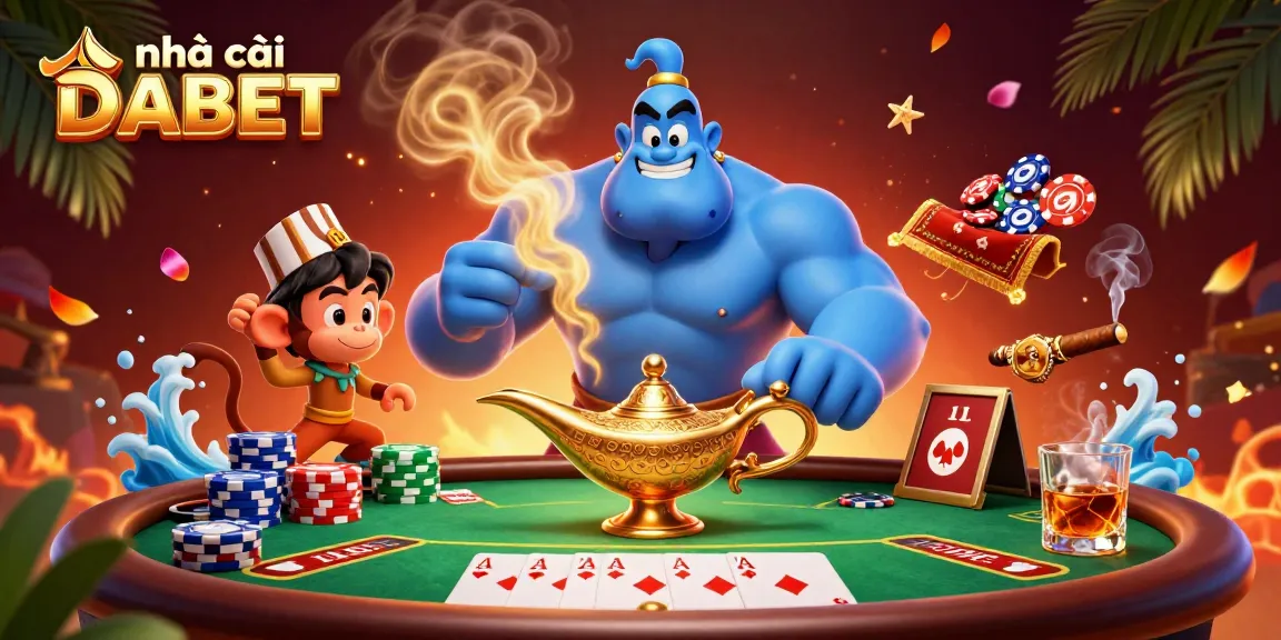 Engage with the excitement of nhà cái DABET as a blue genie and characters surround rich poker elements.