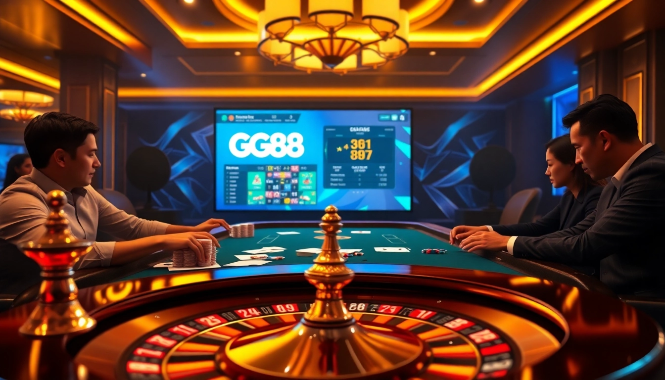 Experience the thrill of GG88 as players engage in a captivating poker game surrounded by luxury casino elements.
