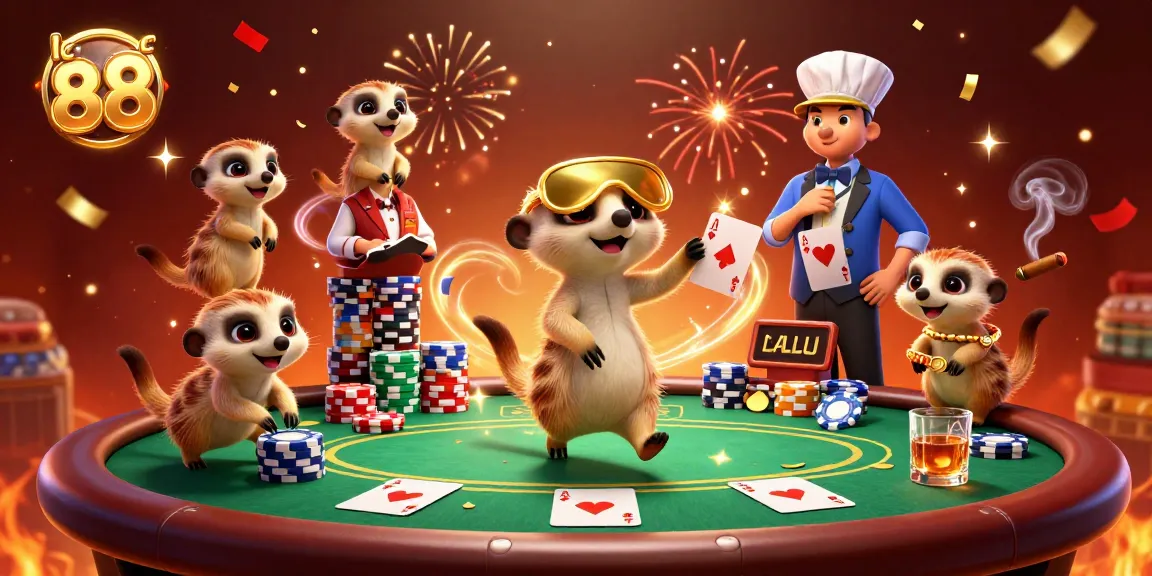 Exciting 3D scene of meerkats running a vibrant casino operation for lc 88, showcasing dynamic gambling elements.