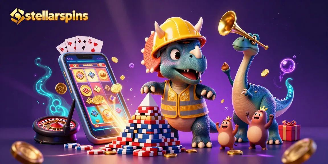 Spin the reels at stellarspins as a lively scene of dinosaurs celebrates in the casino.