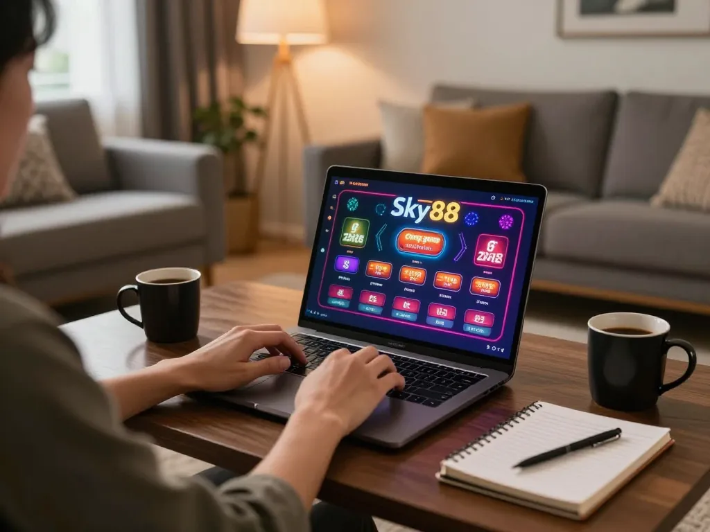 Cổng game Sky88 being played on a laptop in a cozy home gaming setup, with vibrant casino graphics.