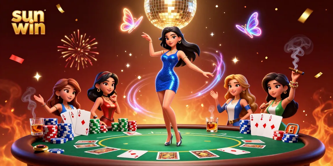 Experience the thrill of sun win as a glamorous woman plays poker with vibrant energy.