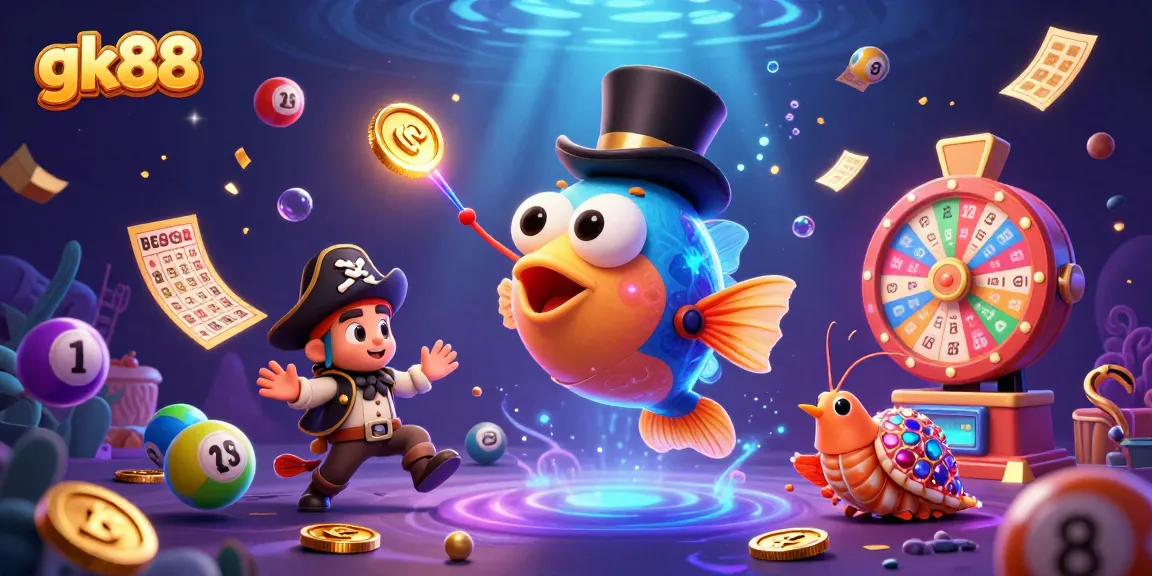 Spin and win with gk88’s colorful lotto balls, treasure-filled ocean characters, and a vibrant prize wheel.