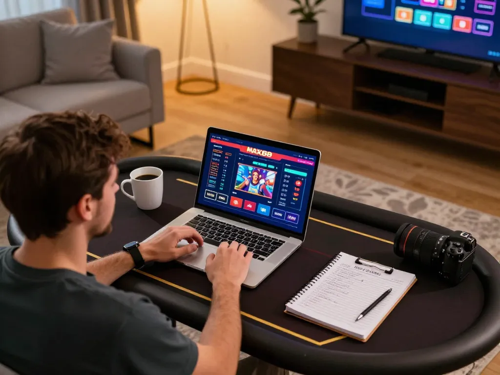Using max88s gaming platform at home in a cozy setup, showcasing live dealer action.
