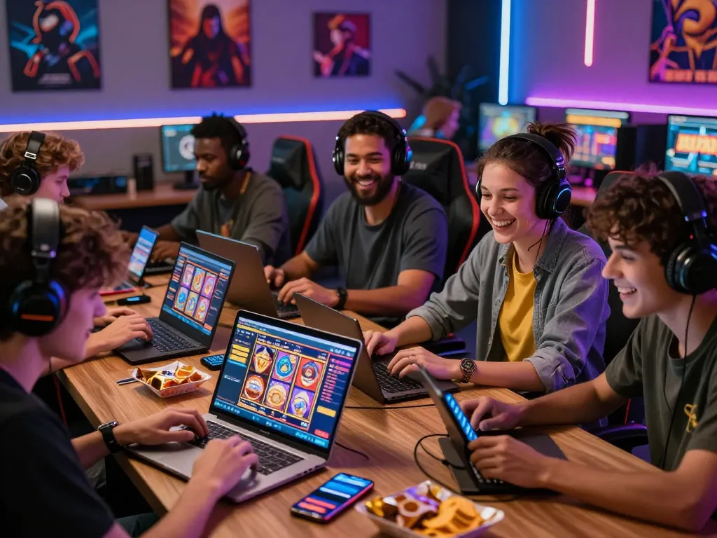 Cổng game Lucky88 online gaming scene with friends enjoying diverse games and a vibrant gaming room atmosphere.
