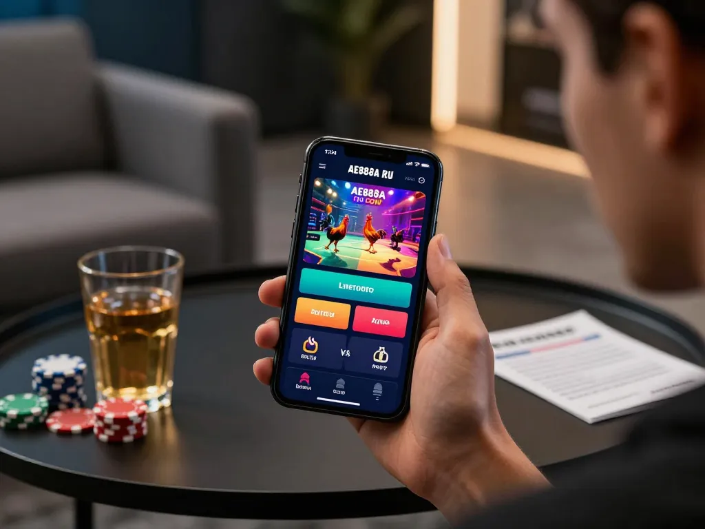 Engaging player using the AE888A RU COM app for live rooster betting, showcasing online gambling action.
