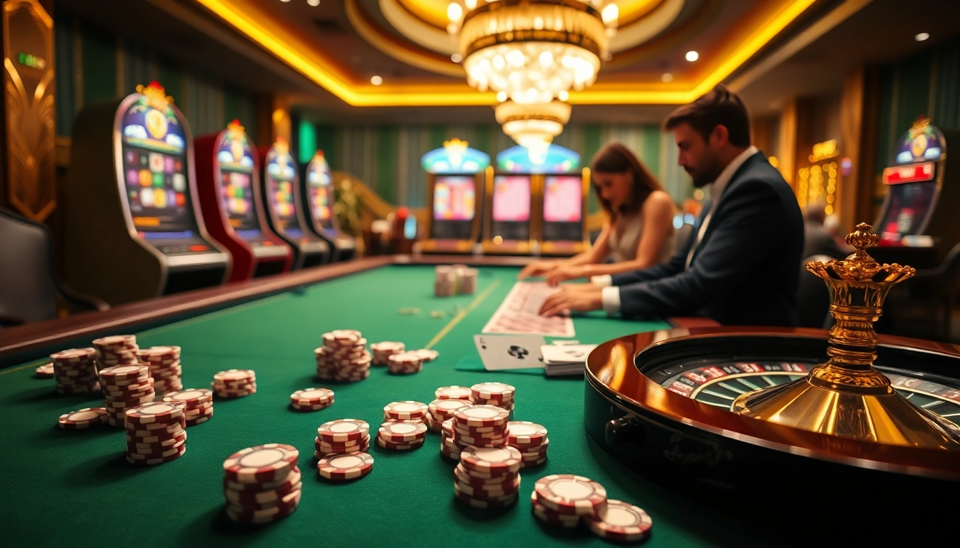 Experience thrilling gameplay at 78WIN with professional gamblers enjoying a luxurious casino setting.