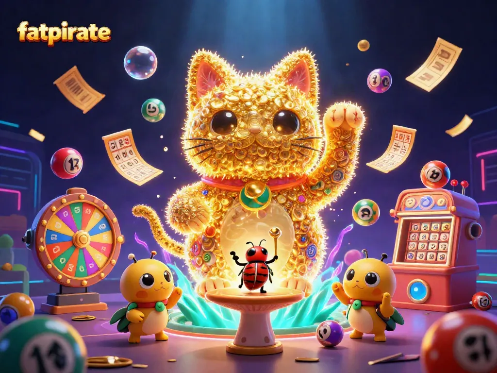 Experience the excitement at FatPirate casino with a vibrant and dynamic gaming scene featuring lucky symbols and lively elements.