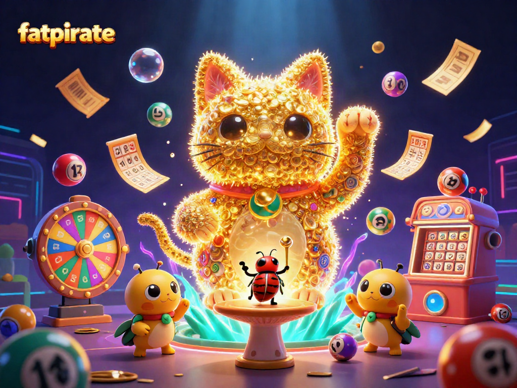 Experience the excitement at FatPirate casino with a vibrant and dynamic gaming scene featuring lucky symbols and lively elements.