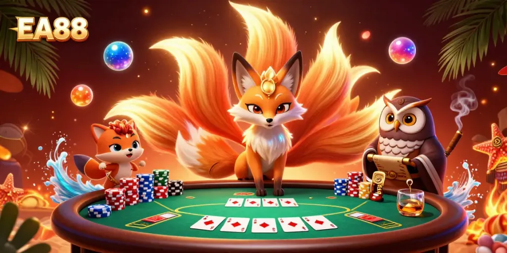 EA88 showcases vibrant gaming action with glowing characters and poker elements in 3D format.