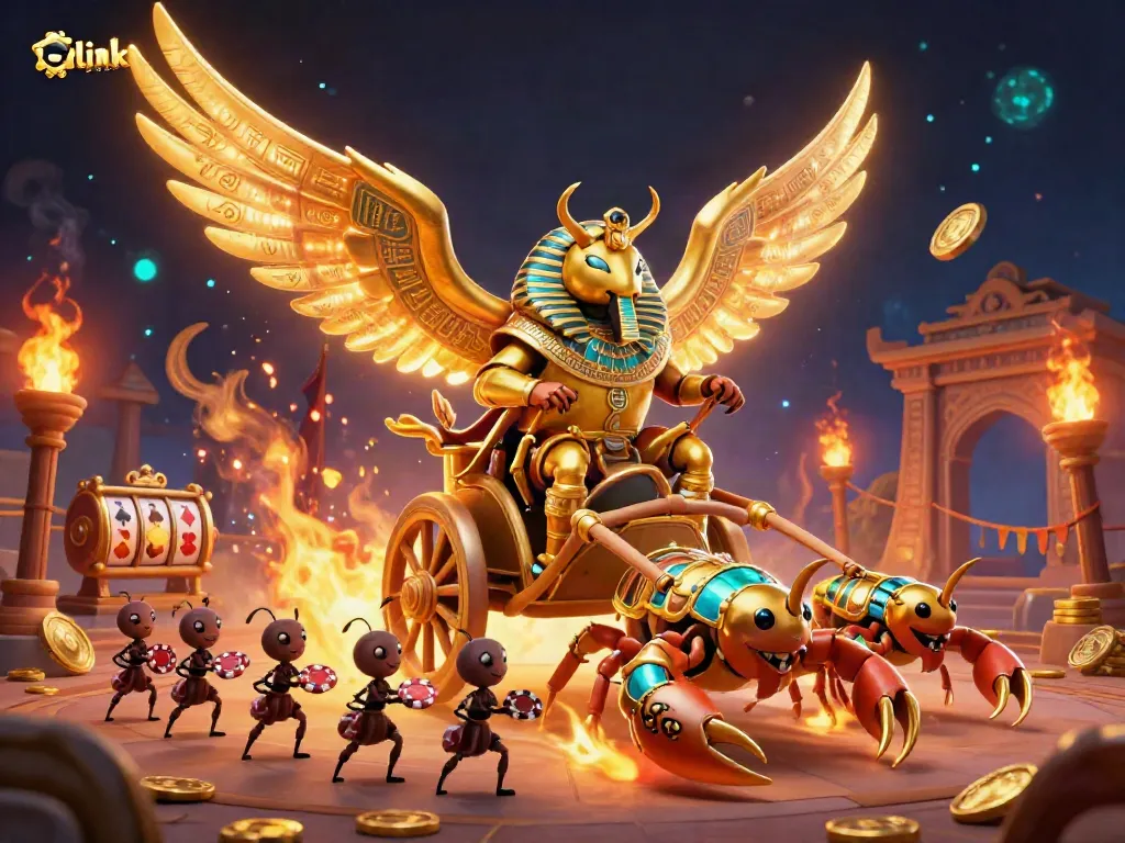 Witness the excitement of link gacor with a golden scarab beetle and scorpions in a vibrant casino scene.