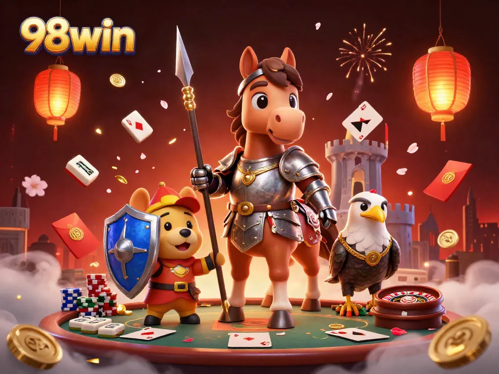 Engage with thrilling gameplay at 98win, featuring dynamic poker tables and roulette wheels among a vibrant setting.