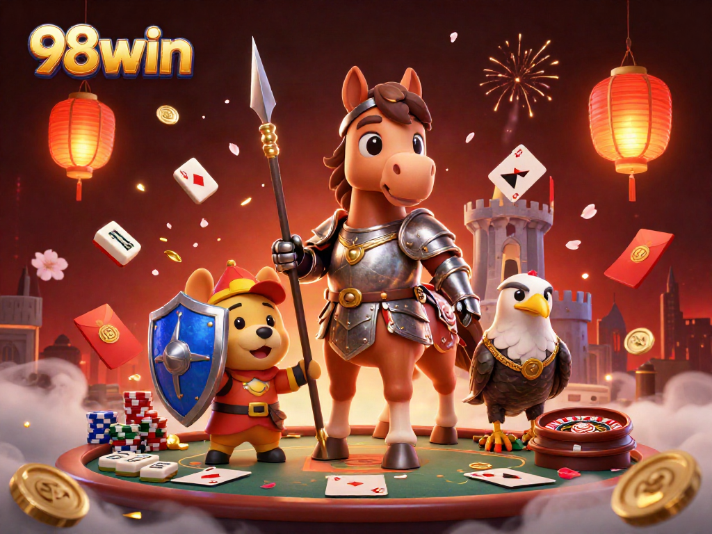 Engage with thrilling gameplay at 98win, featuring dynamic poker tables and roulette wheels among a vibrant setting.