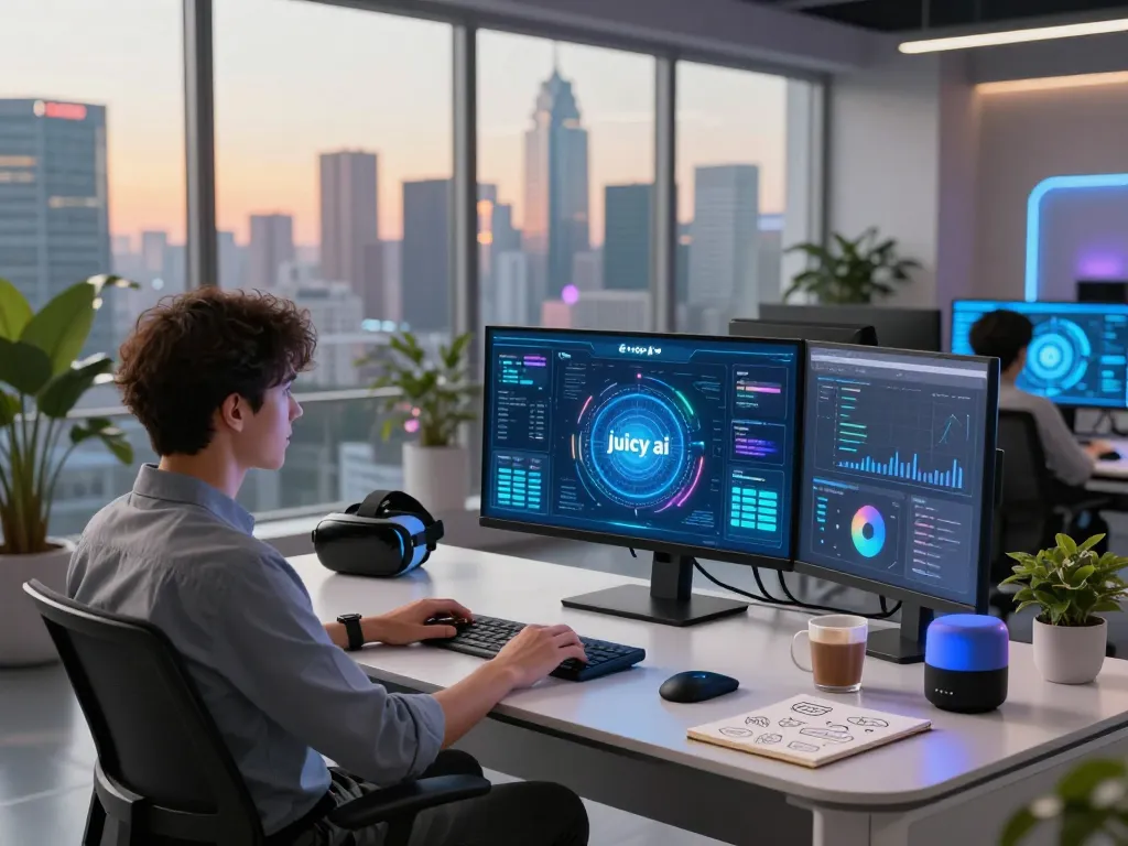 Engaging tech workspace featuring "juicy ai" interactive interface, high-end gadgets, and city skyline.