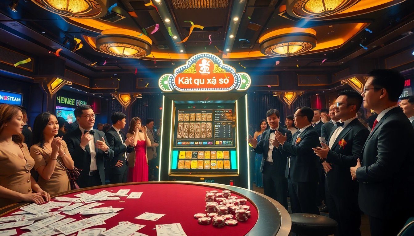 Kết quả xổ số displayed in a luxurious casino setting, highlighting excitement and elegance.