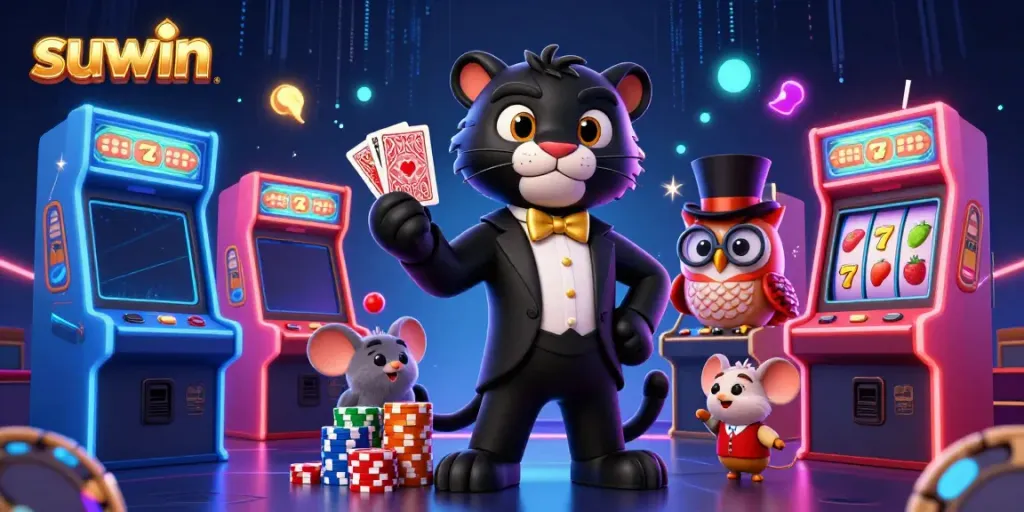 Engaging scene showcasing suwin characters in a casino with vibrant slot reels and poker elements.