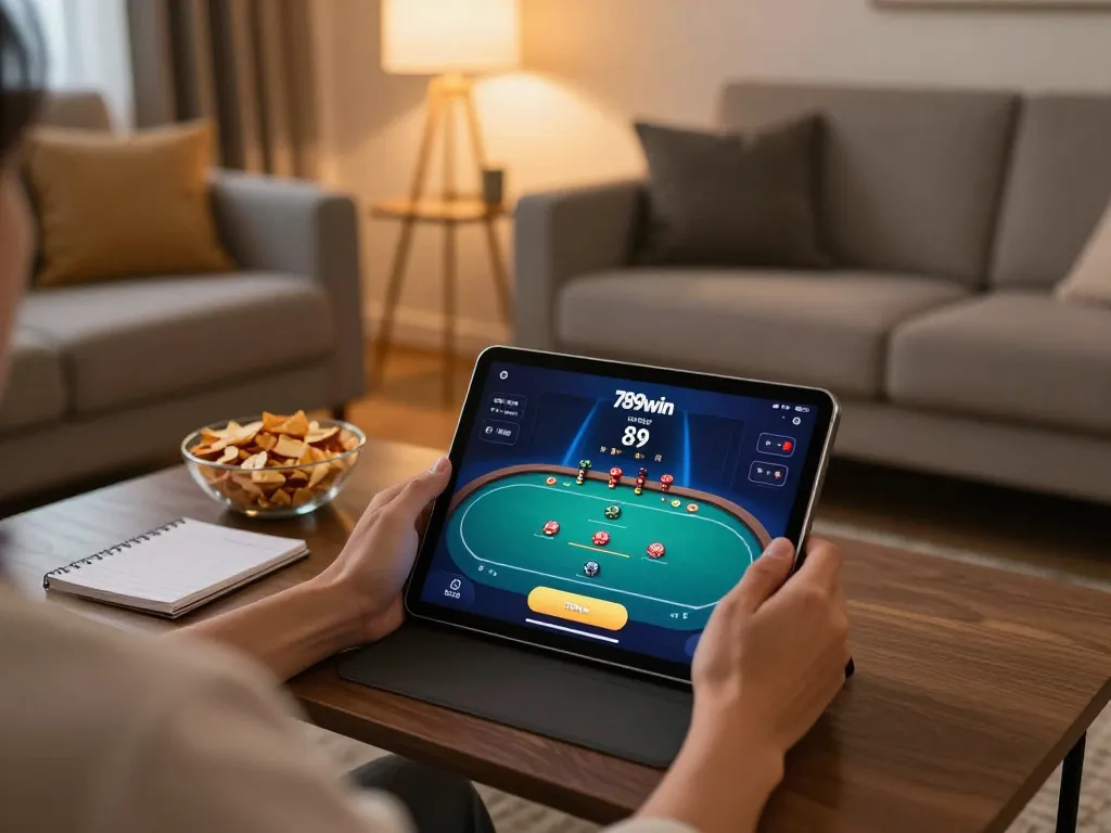 A player engaging with the 789win app for online poker, showcasing a cozy home gaming setup.