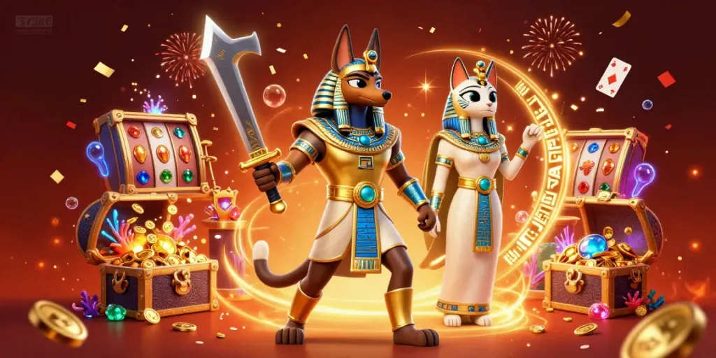 Engage in thrilling SV388 gameplay featuring Anubis and Bastet amid vibrant casino elements.