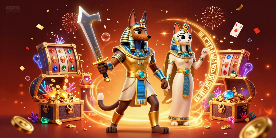 Engage in thrilling SV388 gameplay featuring Anubis and Bastet amid vibrant casino elements.