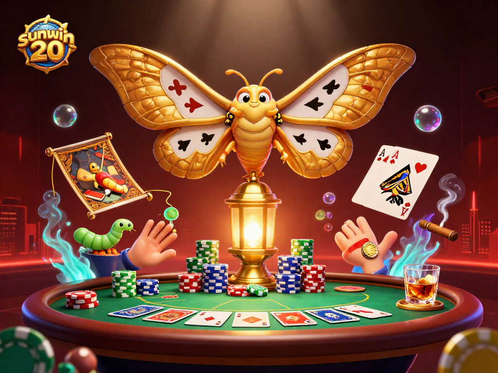 Experience excitement with sunwin 20 as poker chips and golden moths illuminate your gaming.
