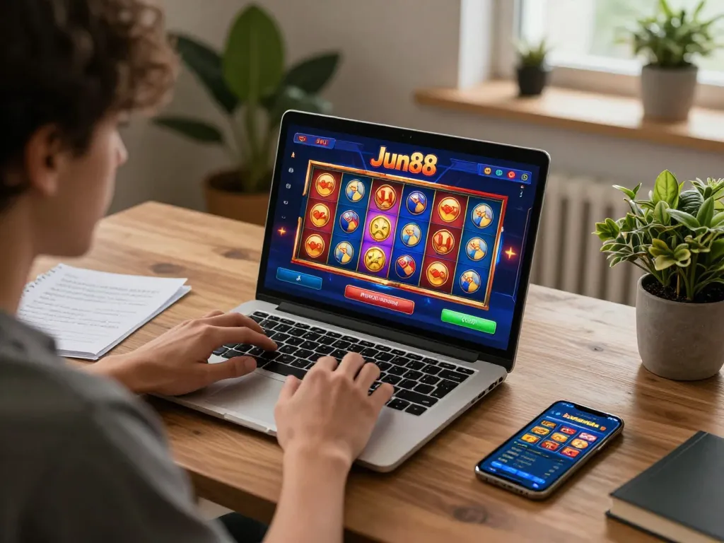 Person playing Jun88 online casino game on a laptop at home, with exciting slot reels displayed.