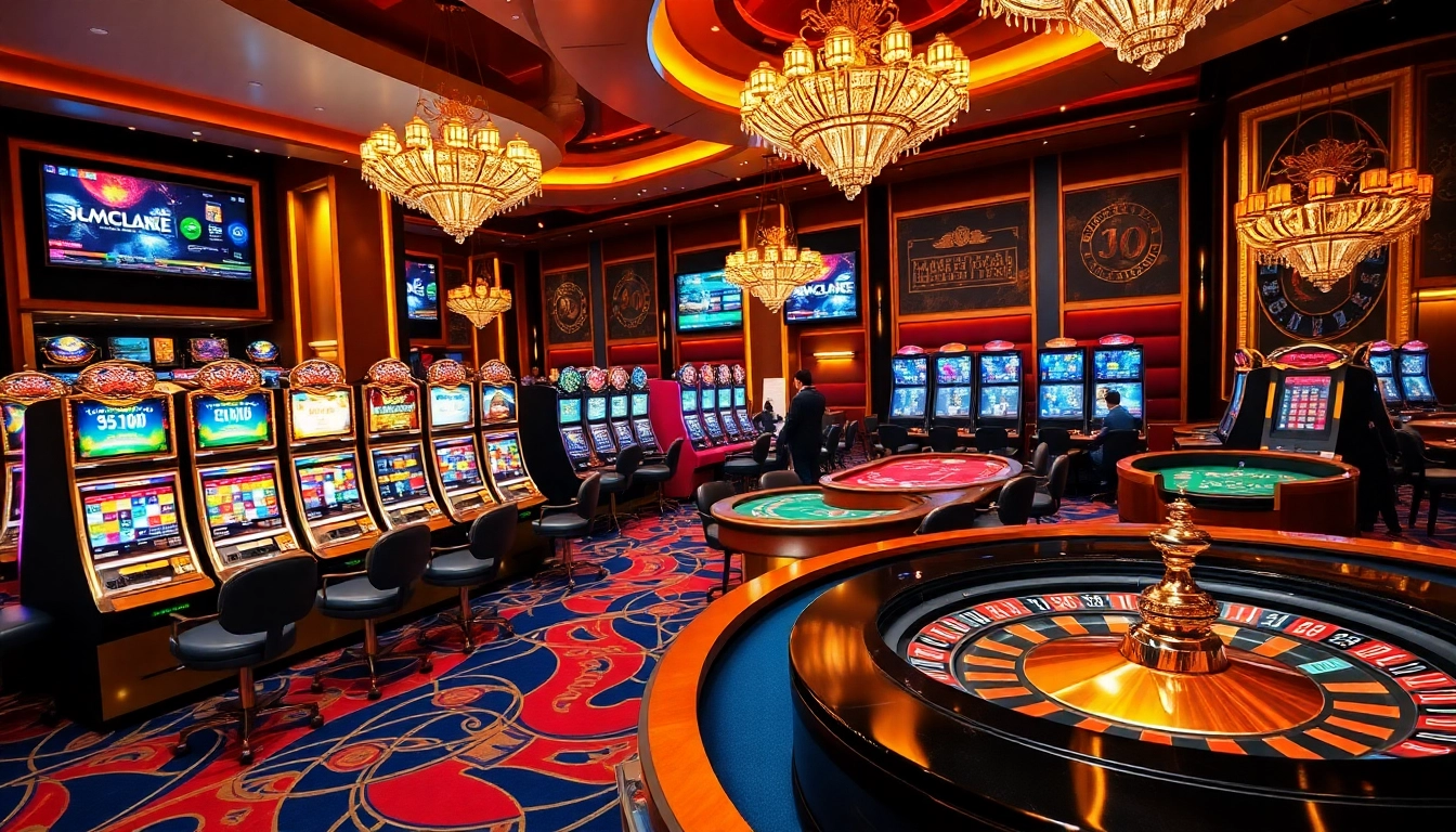 Cổng game Ku88 showcases an exciting casino scene with players at poker tables and colorful slot machines.
