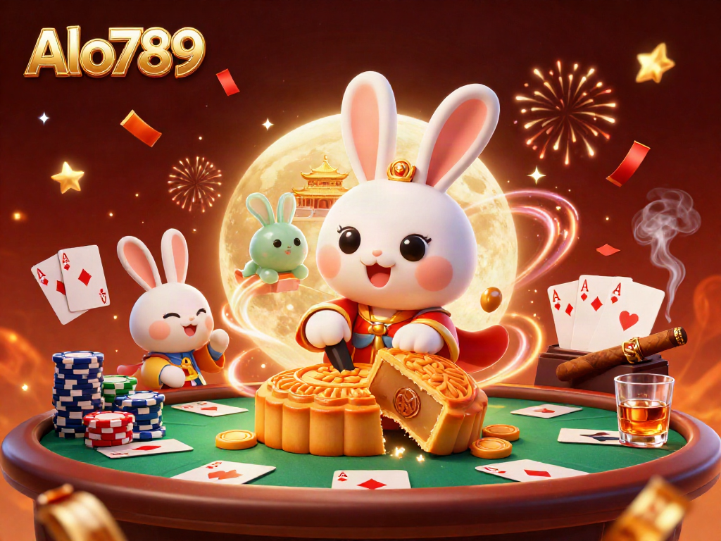 Alo789 showcases a moon rabbit pounding mooncakes filled with poker chips, surrounded by gambling elements in a rich, festive 3D scene.