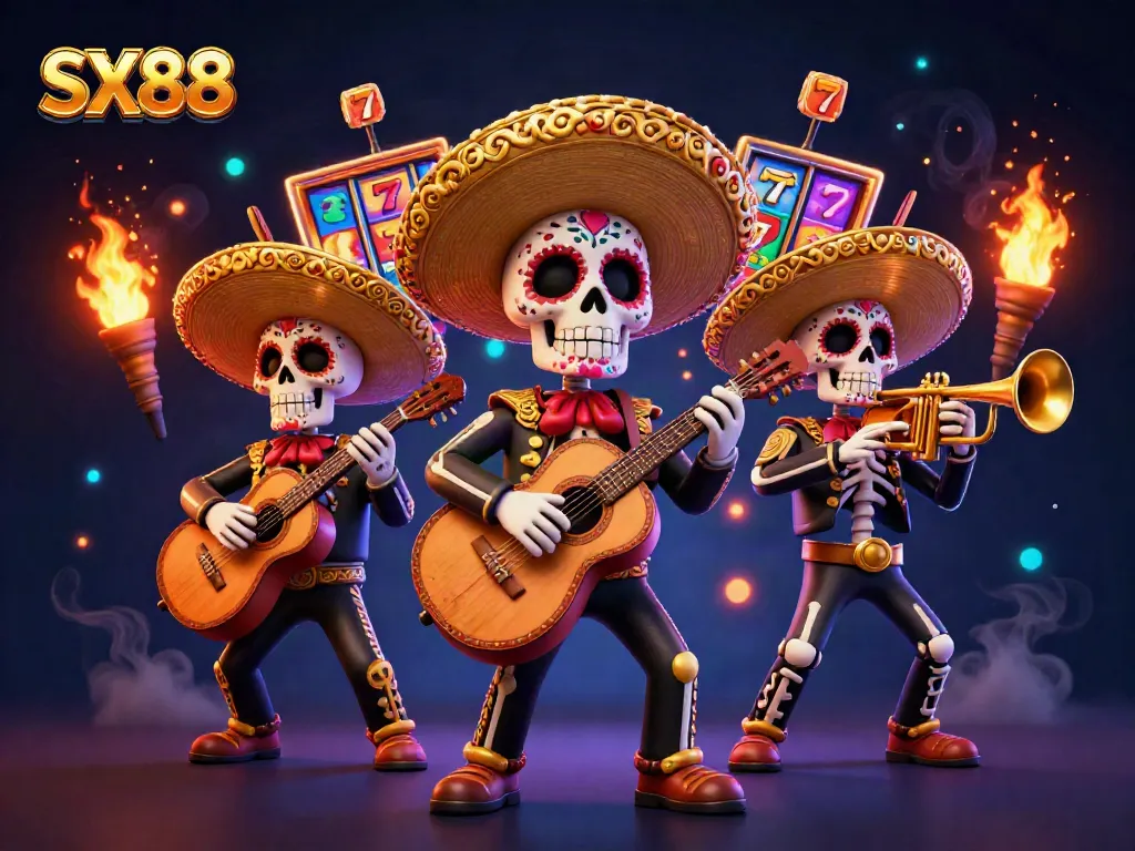 SX88 showcases a vibrant skeleton mariachi band amidst casino elements like slot reels and golden 7s.