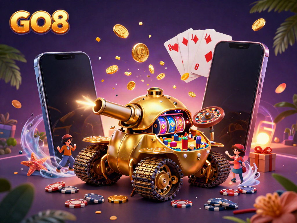 Experience thrilling gameplay with GO8’s vibrant online casino scene and animated characters.