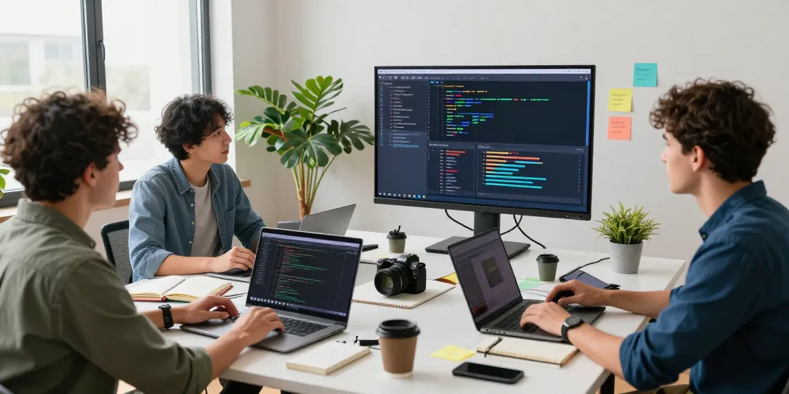 Build internal tools with AI in a modern workspace with diverse professionals collaborating on innovative solutions.