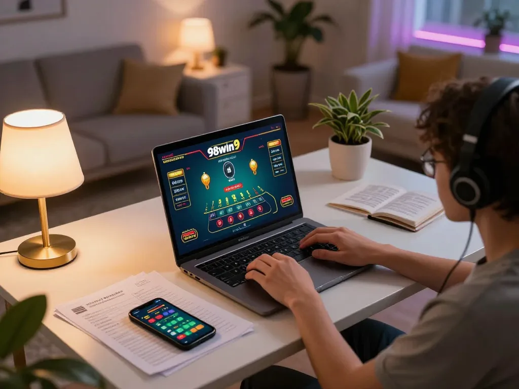 Engaging gameplay at a modern gaming desk with 98win9 on laptop screen, showing blackjack interface and strategic notes
