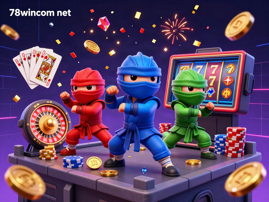 Engage in thrilling play with 78wincom net as ninja chameleons celebrate success with dazzling slots, chips, and coins.