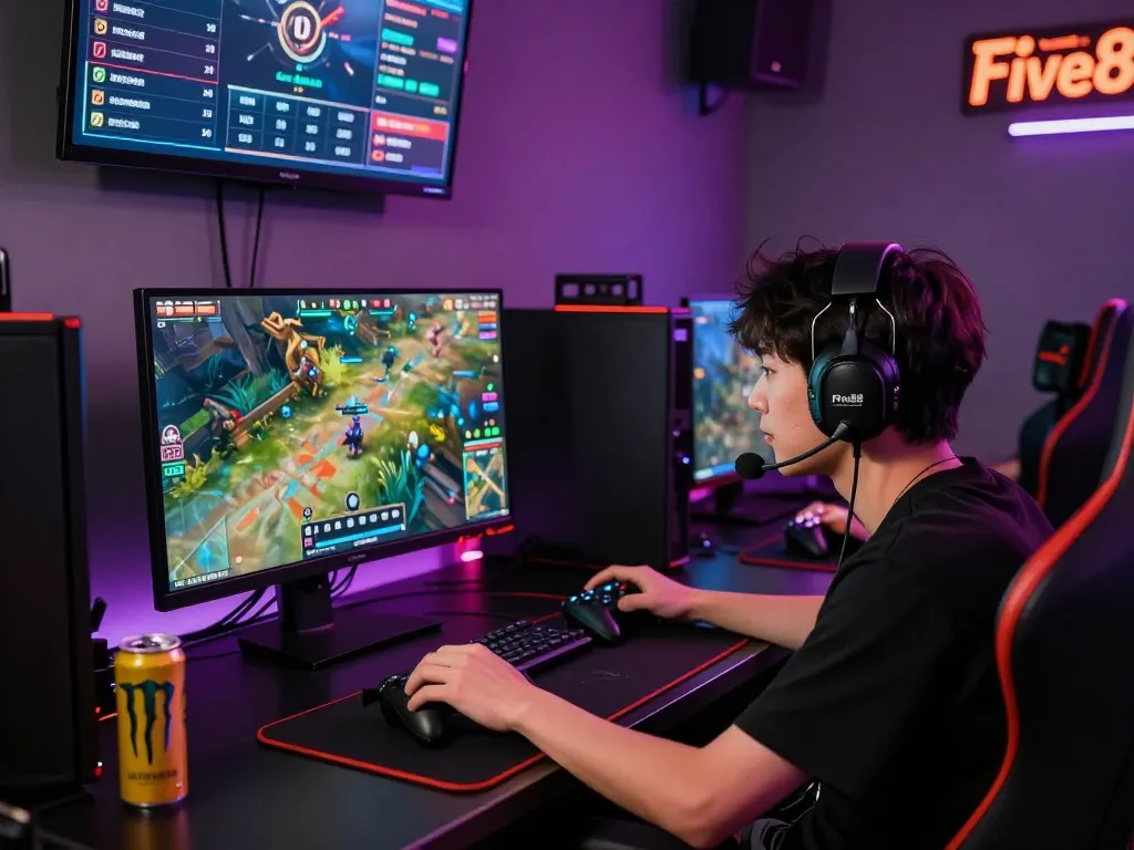 Cổng game Five88 showcased in an immersive gaming environment with a focused player and vibrant game graphics.
