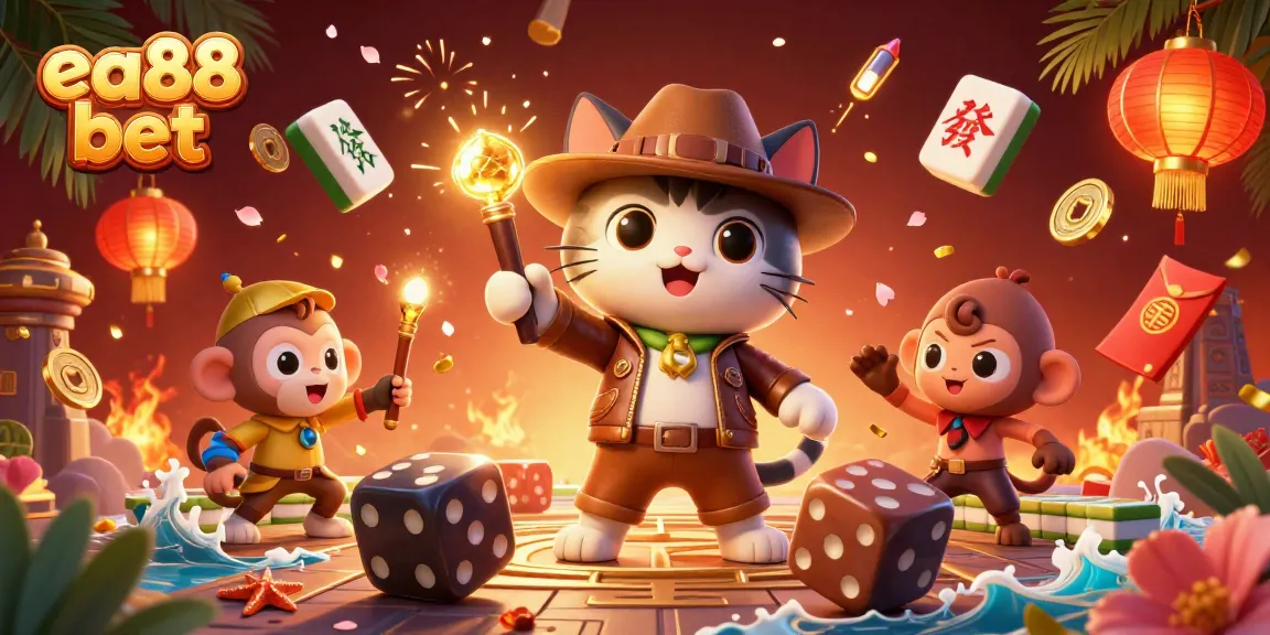 Experience thrilling gameplay with the ea88 bet logo and a vibrant illustration of an explorer cat discovering a casino artifact.
