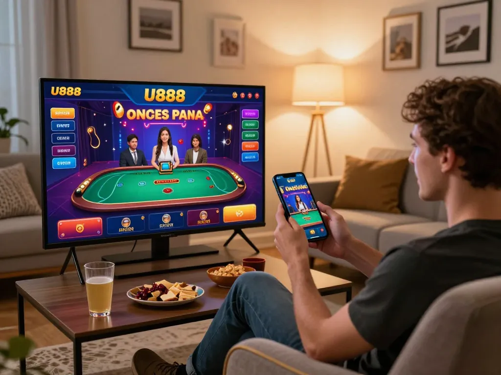 Player engaging with the U888 app, enjoying a live casino game experience at home.