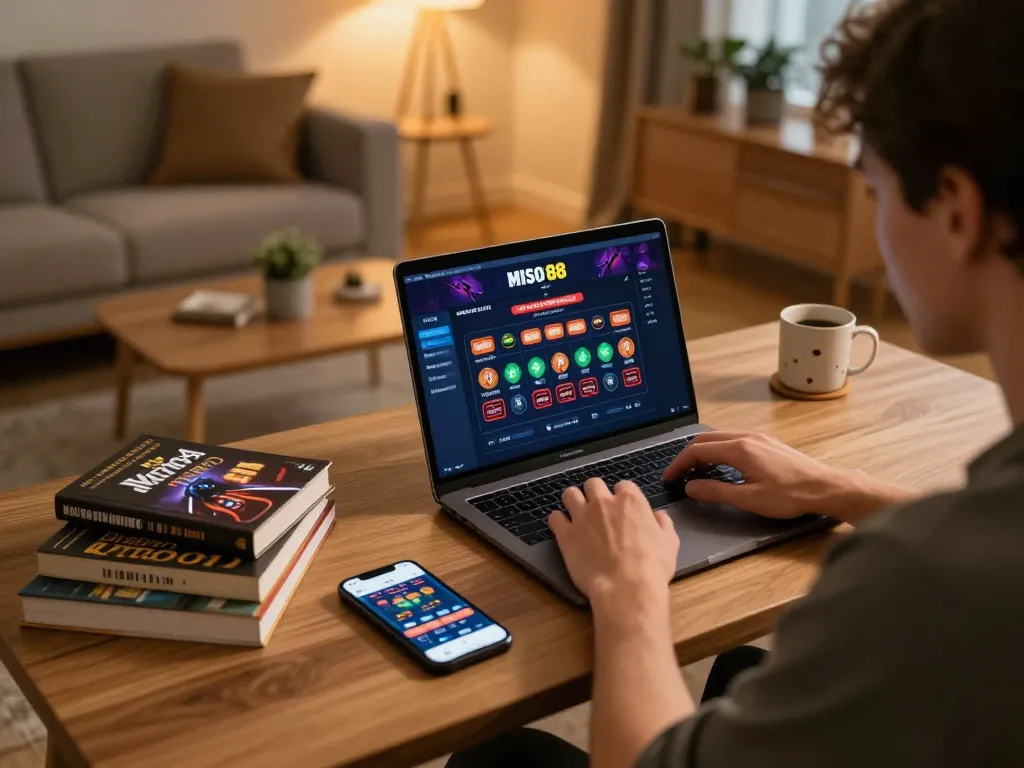 Miso 88 online gaming scene with player engaged at laptop and strategy materials