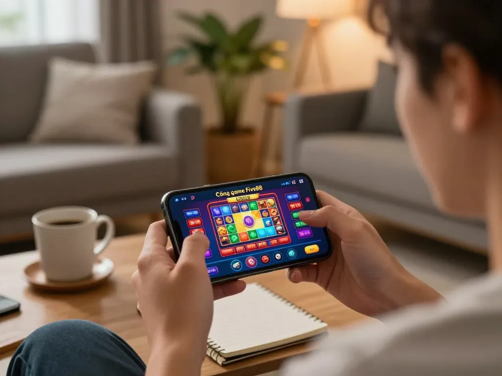 Cổng game Five88 showcased on a smartphone while enjoying a relaxing gaming session, emphasizing strategy.