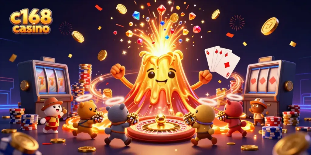 Experience the excitement of c168 casino with treasure erupting from a golden volcano in a vibrant 3D scene.
