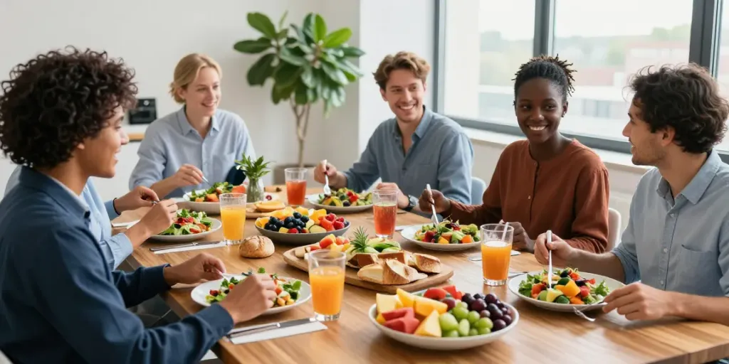 Gezellige lunch met gezonde catering voor bedrijven in een moderne kantooromgeving.