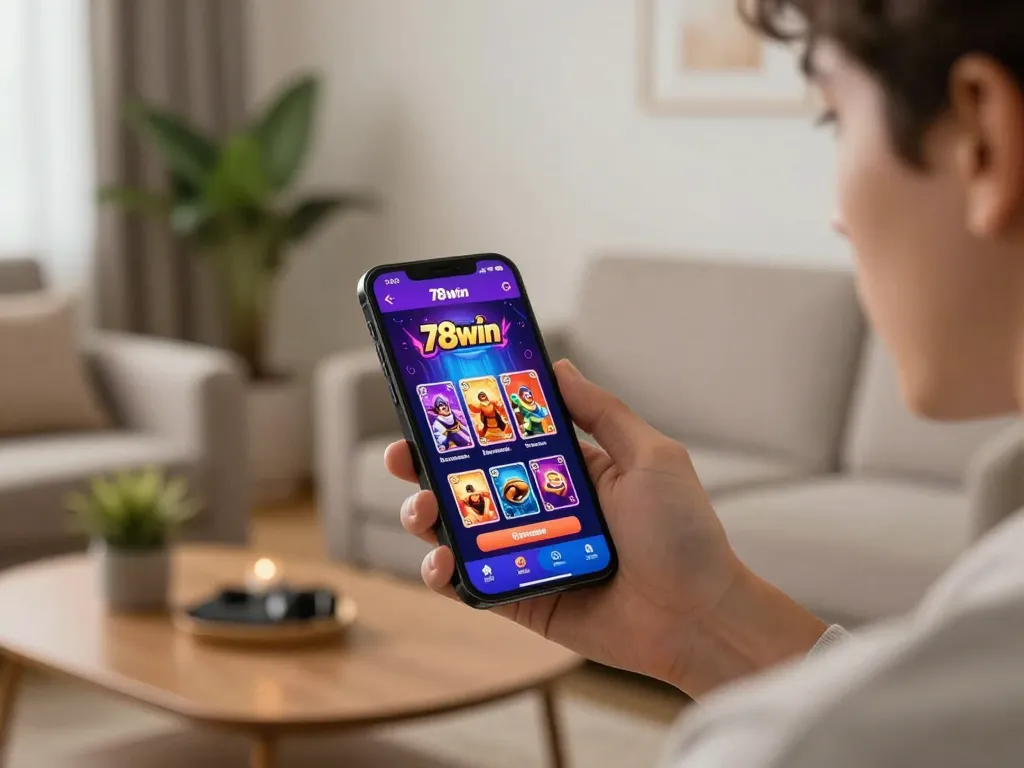 Engaging with the 78win app for online gambling in a cozy living room setting.