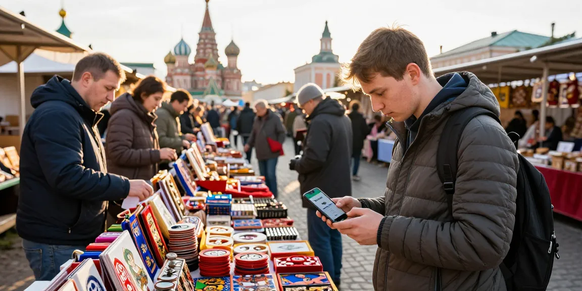 De PayInRussia-app gebruikt door een toerist in een levendige Russische markt met kleurrijke ambachten.