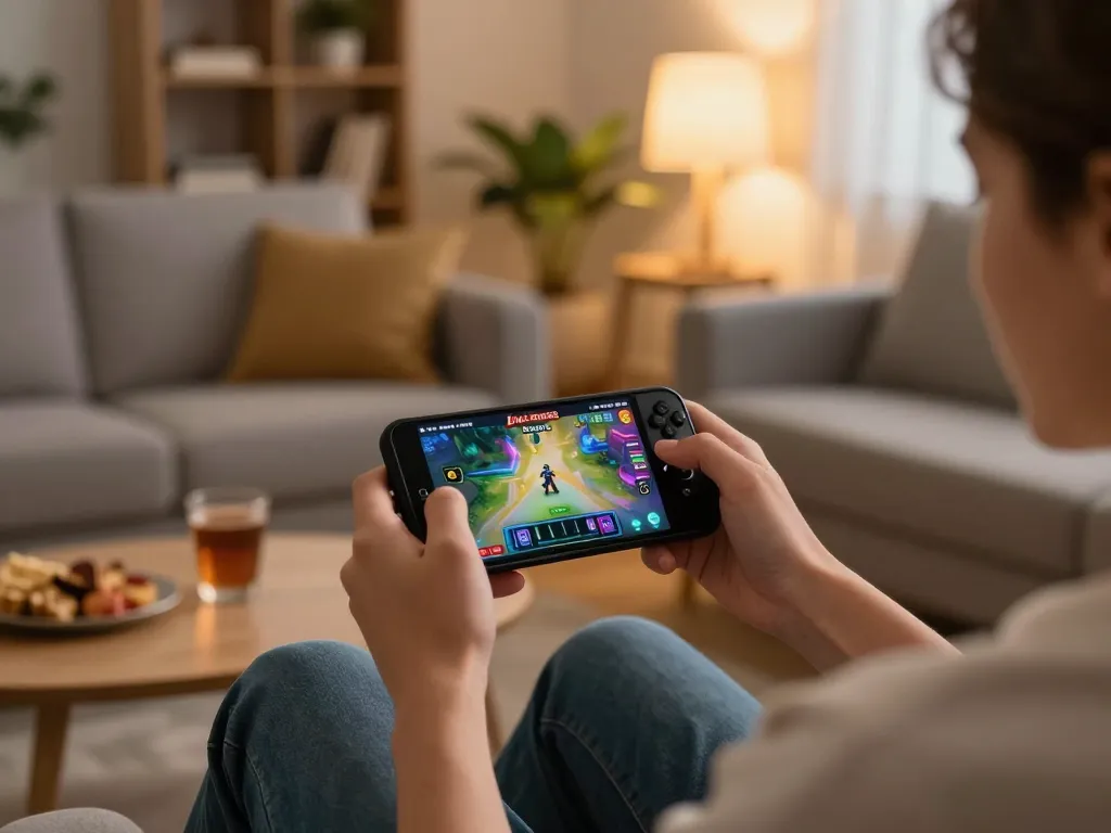 Engaging user interacting with Link Red88 chính thức mobile app for online gaming in a cozy setting.