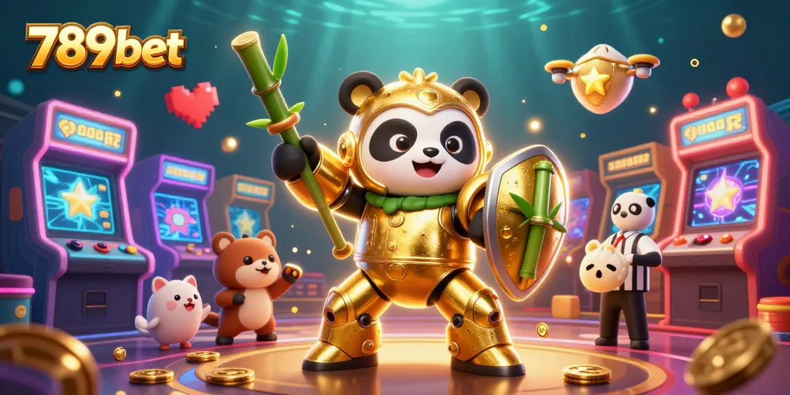 Engage in exciting casino gameplay with 789bet's vibrant 3D illustration showcasing a golden panda in a robotic arena.