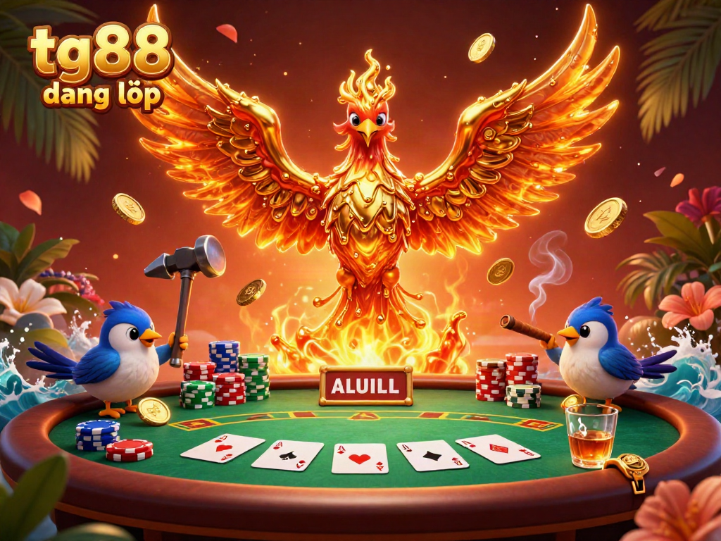 Experience the thrilling world of tg88 đăng nhập with a fiery golden phoenix and poker gaming elements.