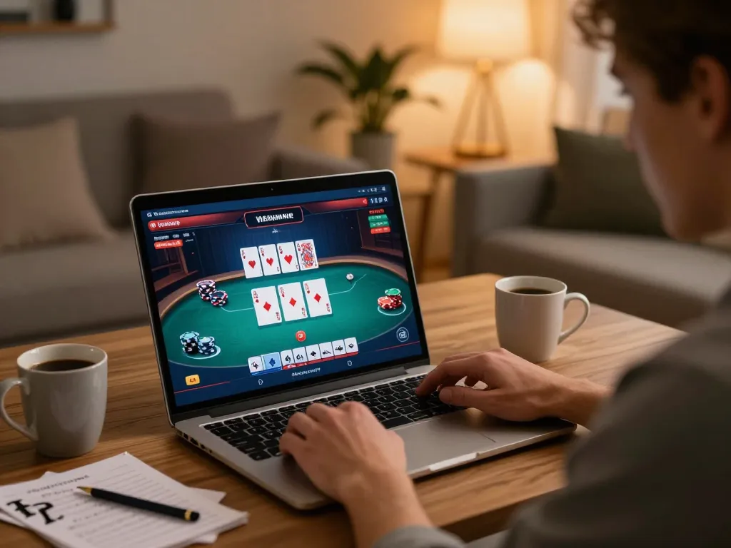 Player enjoying an online poker game at home while utilizing alo8 for strategy and fun.