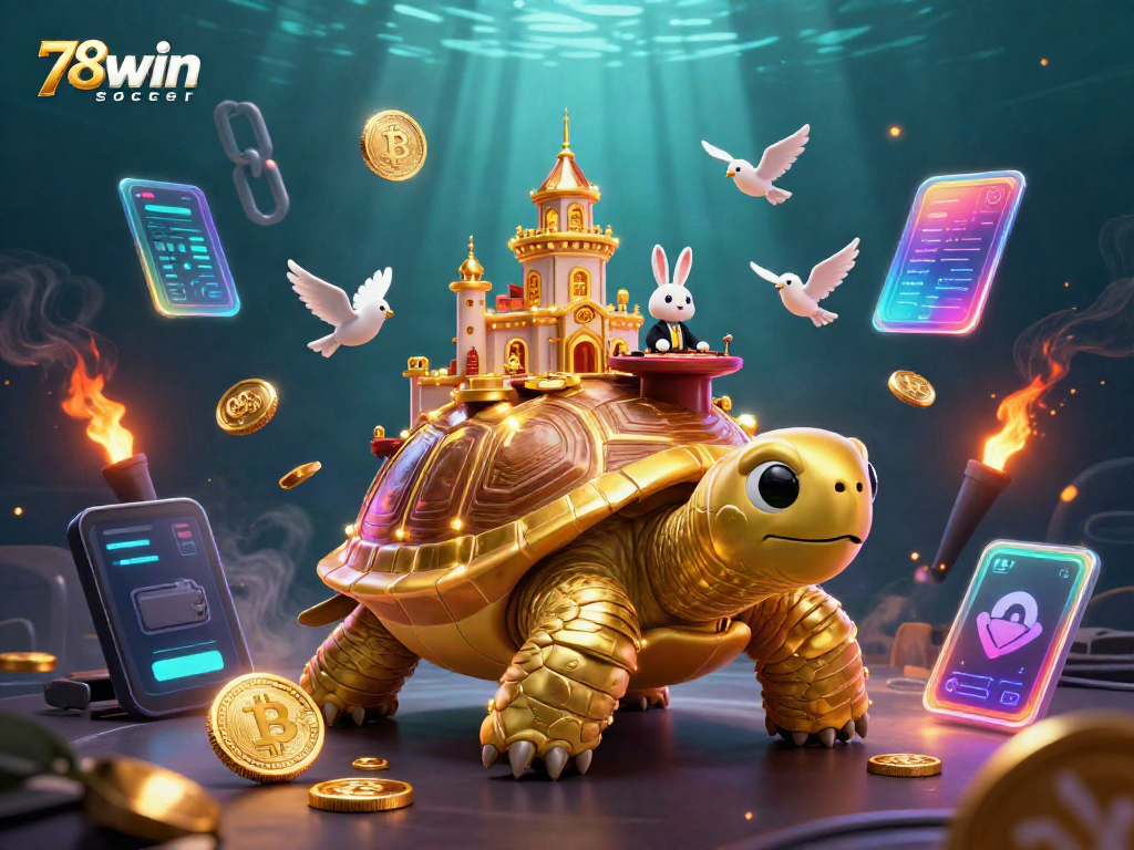 Engage in exciting games at 78win soccer with a vibrant 3D casino scene featuring unique characters and gold coins.