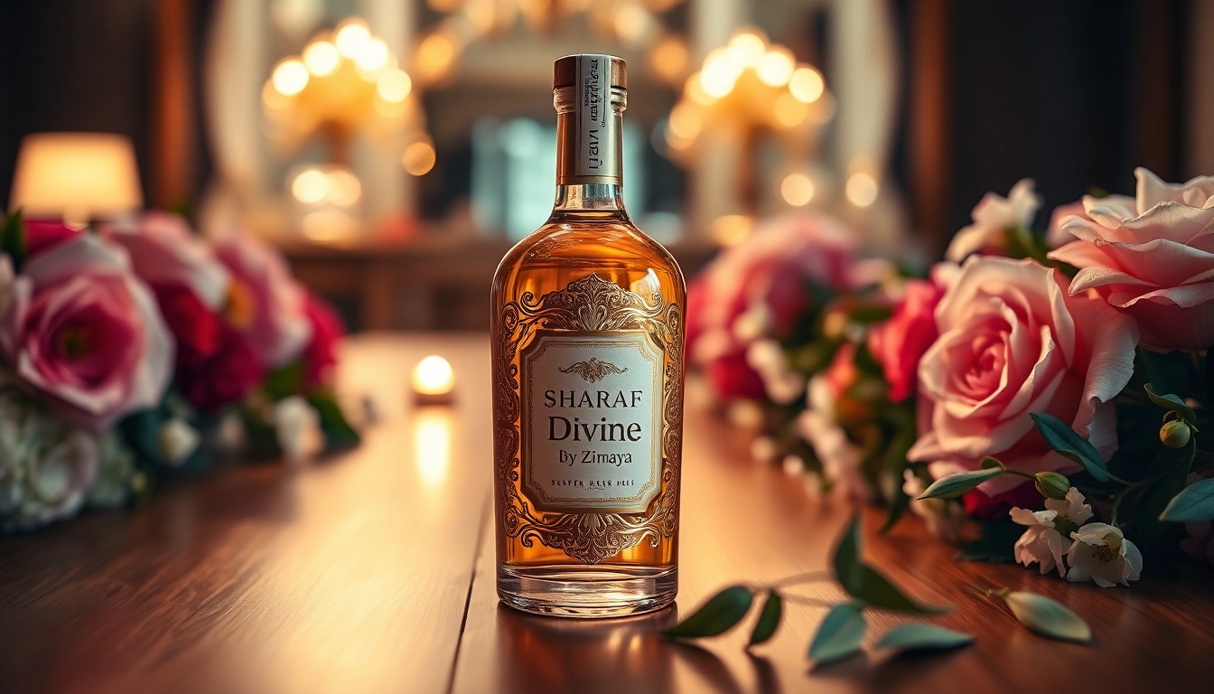 Proef de luxe van Sharaf Divine by Zimaya met een elegante flacon te midden van bloemen.