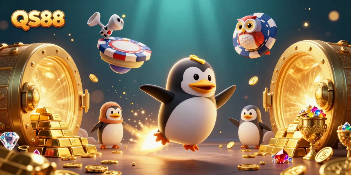 Engage with QS88's thrilling casino experience through a vibrant rocket-powered penguin scene.
